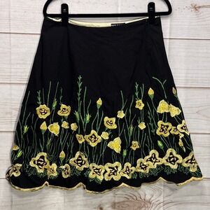 Basil & Maude Black Floral Embroidered Scalloped Hem Skirt Size 8 Festival